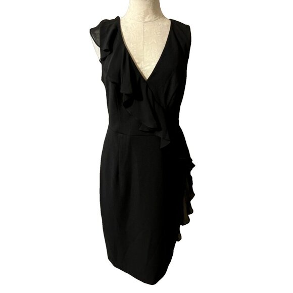 Connected Dress Black 10 Flutter Ruffle Stretch Sheath V Neck Sleeveless NEW - Picture 1 of 6